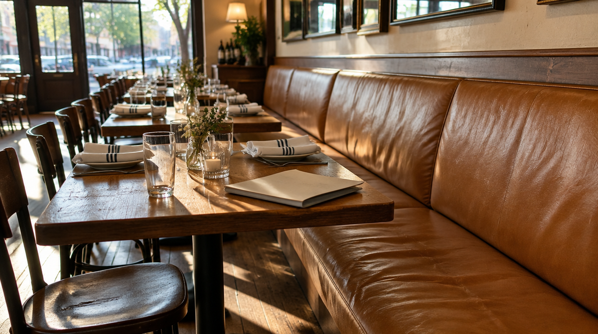 Restaurant booth seating with custom tan leather-look banquette seat and back cushions beside set tables