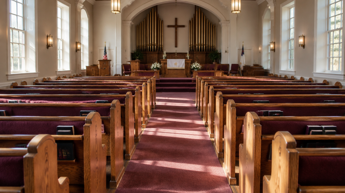 Rows of wooden church pews fitted with deep red custom pew cushions in a sunlit sanctuary