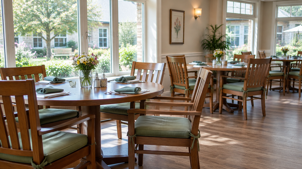Senior living dining room with wooden chairs fitted with sage green wipe-clean seat cushions