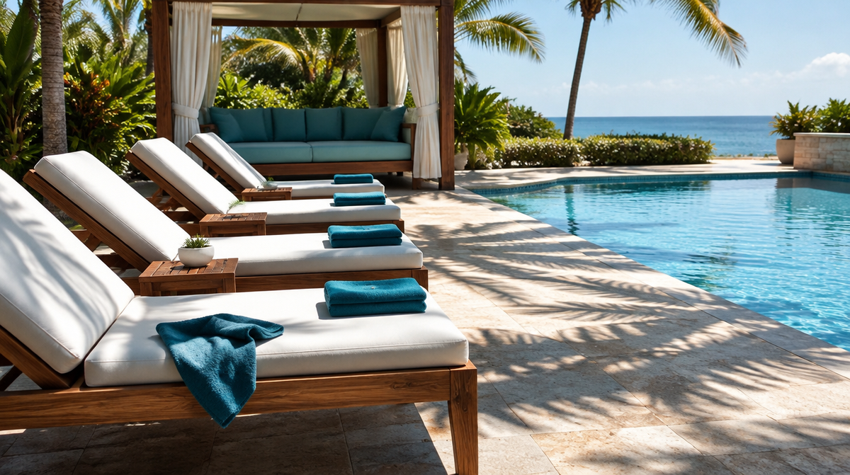 Hotel pool deck with rows of chaise lounges and cabanas fitted with white and teal outdoor cushions