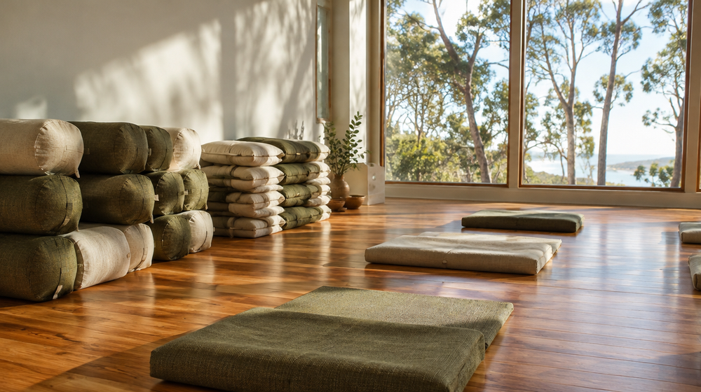 Yoga studio with neat rows of custom bolsters and rectangular meditation floor cushions in sand and olive fabric