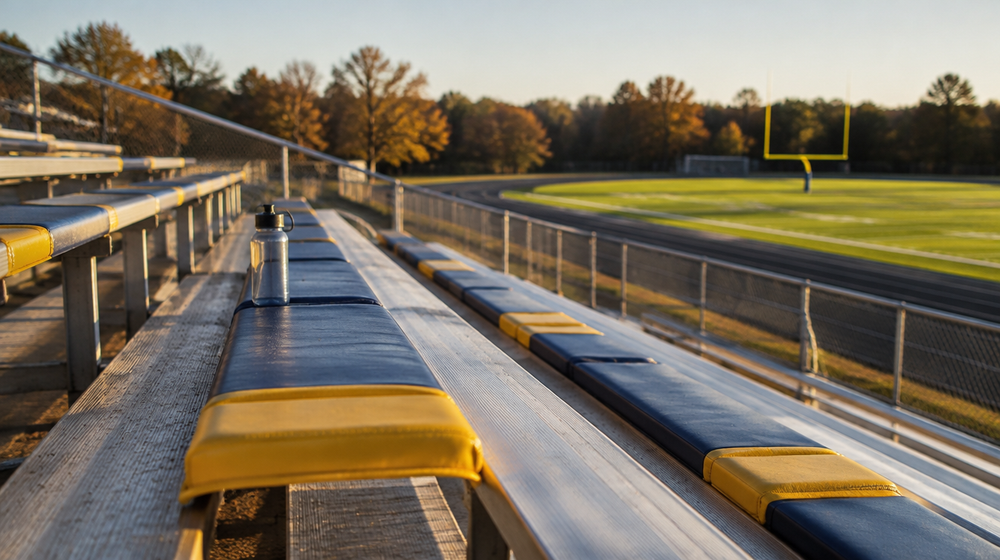 High school bleachers with long custom navy and gold vinyl bench cushions on the front rows