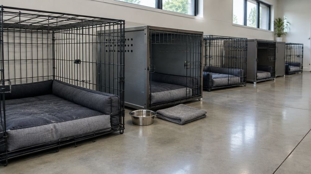 Row of dog crates in a bright kennel room, each fitted with a custom gray crate pad