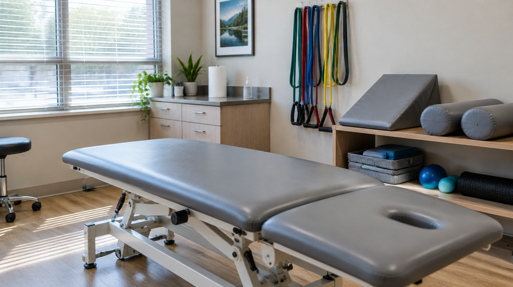 Physical therapy treatment room with a padded table, a foam wedge and bolsters in gray wipe-clean vinyl