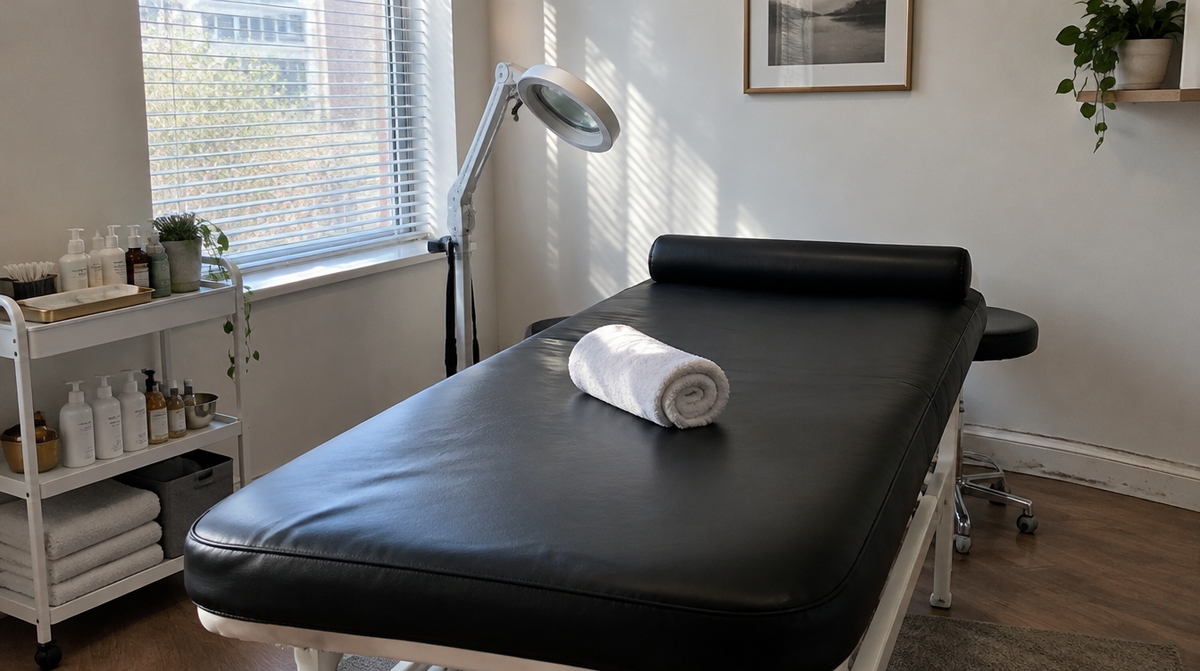 Esthetician treatment room with a bed topped by a custom black wipe-clean pad and a matching round bolster