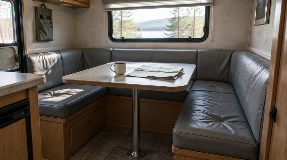 RV dinette with custom gray vinyl seat and back cushions around a small table, morning light through the camper window