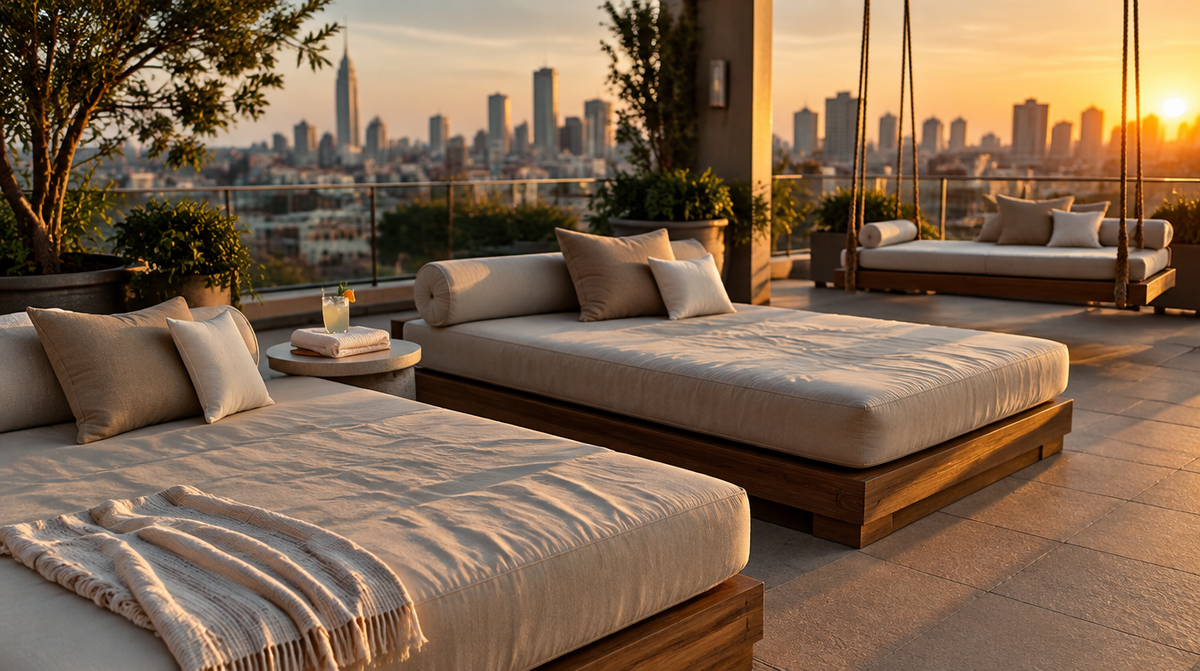 Rooftop bar terrace with large outdoor daybeds dressed in thick white and sand cushions at golden hour