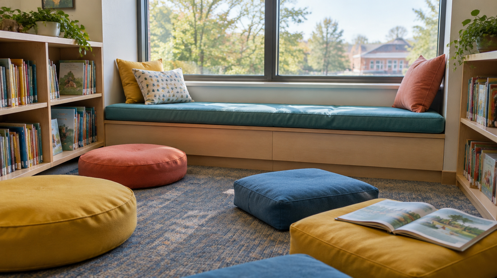 School library reading nook with a built-in window seat cushion and round floor cushions in bright colors