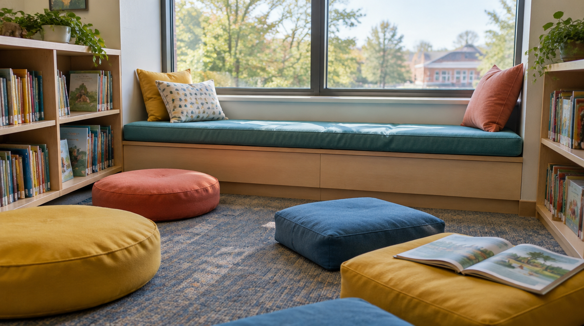 School library reading nook with a built-in window seat cushion and round floor cushions in bright colors