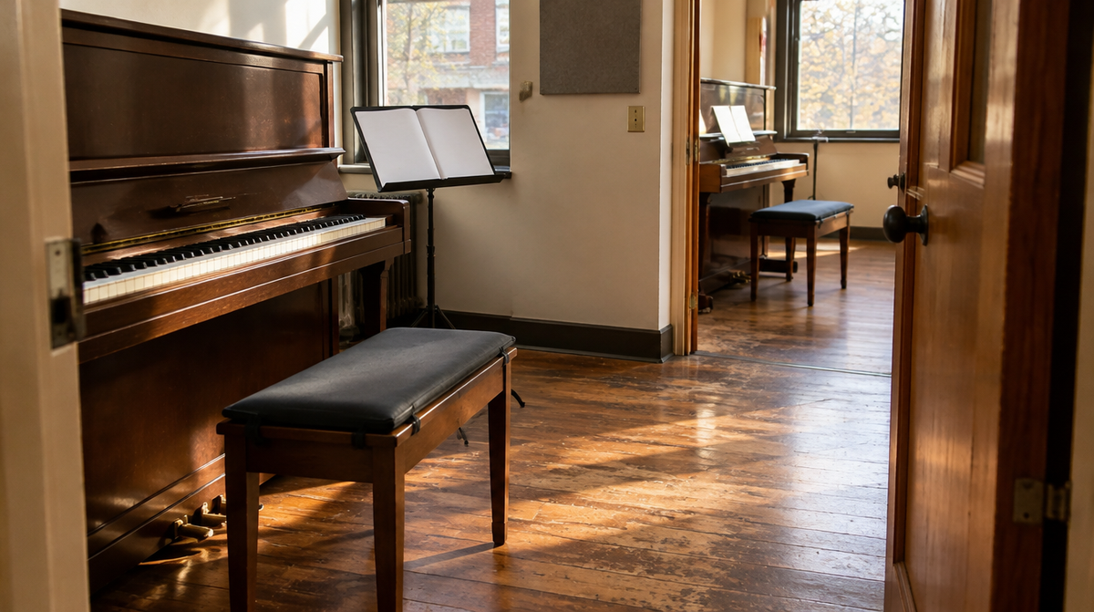 Row of practice room piano benches in a music school, each topped with a matching custom black piano bench cushion