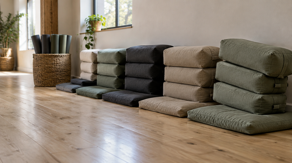 Yoga studio with rows of rectangular bolsters and square zabuton floor cushions in muted colors on a wooden floor