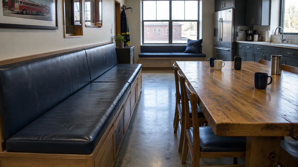 Firehouse dayroom with a long built-in bench and dark navy vinyl cushions beside a kitchen table