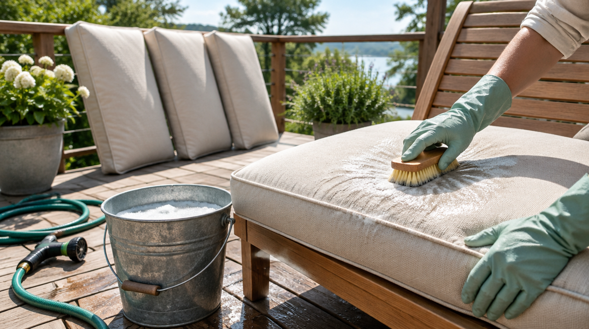 Gloved hands scrubbing a beige outdoor cushion with a soft brush on a sunny patio deck