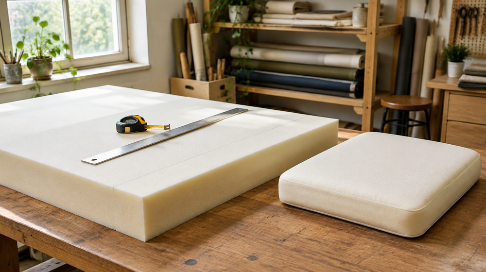 Block of high-density upholstery foam marked for cutting, with a straight edge and tape measure on a workshop table