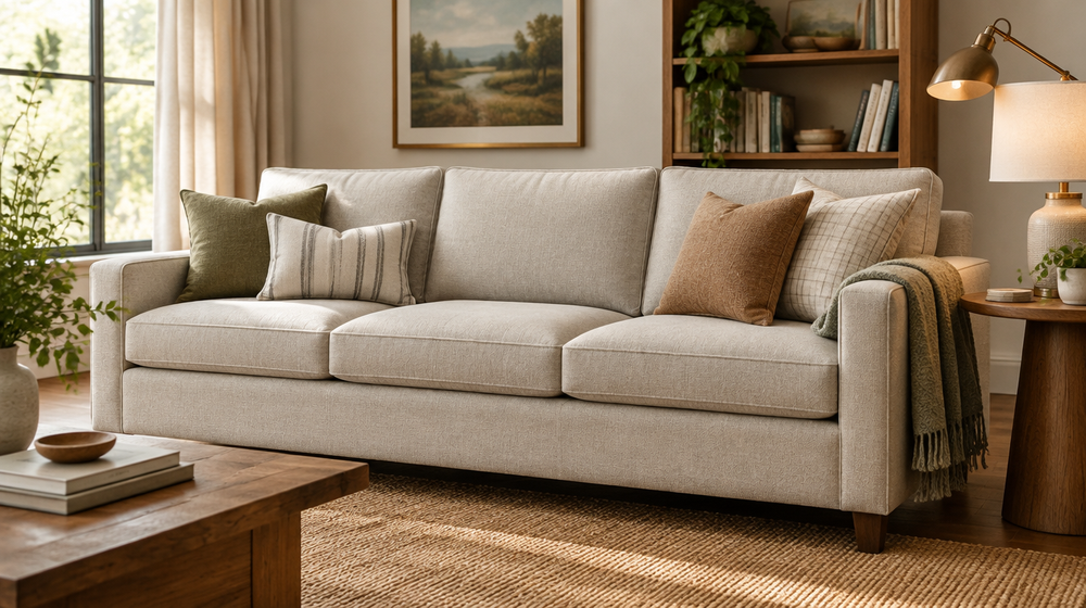 Modern oatmeal sofa with neatly aligned seat cushions, a folded throw and a wooden side table