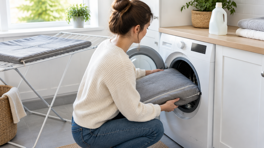 Grey sofa cushion cover being placed into a front-loading washing machine in a bright laundry room