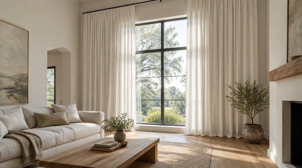 Floor-length white linen curtains hung high and wide on a black rod in a bright living room