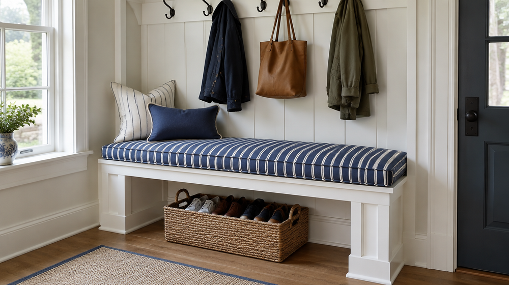 White built-in entryway bench with a tailored navy and white striped box-edge cushion and throw pillows