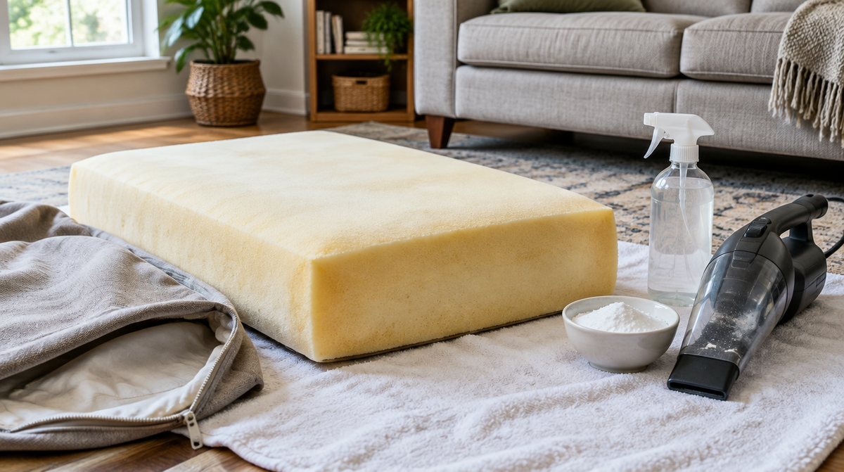 Foam sofa cushion insert on a towel beside its unzipped cover, baking soda, a spray bottle and a handheld vacuum