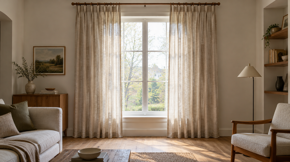 Floor-length oatmeal linen pinch pleat curtains hanging from wooden rings on a living room window