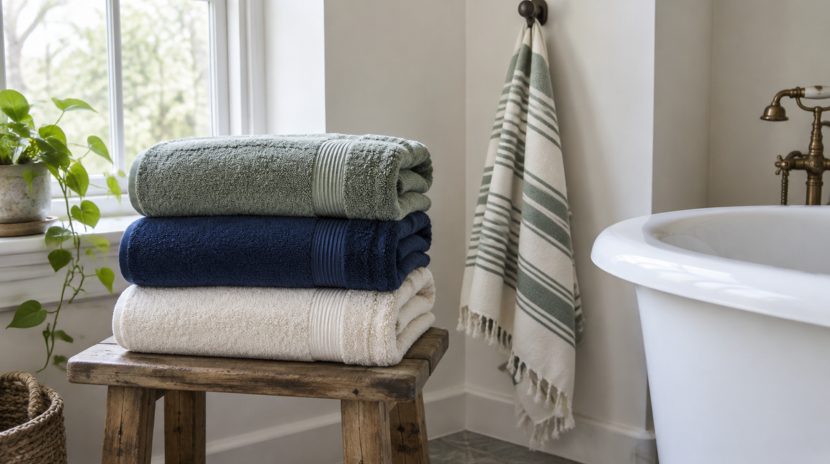 Stack of plush cotton bath towels in sage, navy and ecru beside a white bathtub
