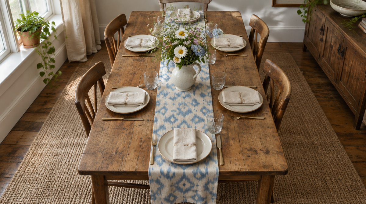 Wooden dining table set for six with a blue ikat table runner hanging over each end