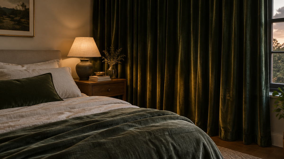 Deep forest green velvet curtains in a cozy bedroom lit by warm lamp light