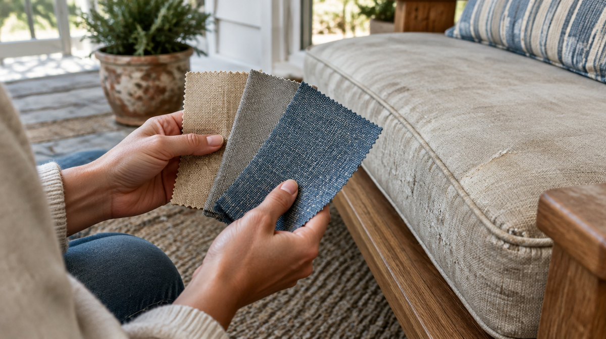 Hands holding Sunbrella-style outdoor fabric swatches next to a worn patio cushion