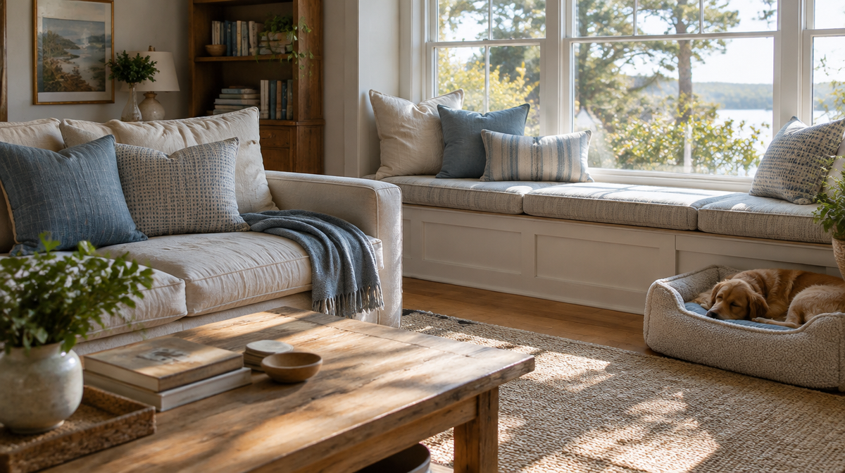 Sunlit living room with a sofa and window seat dressed in soft performance-fabric cushions