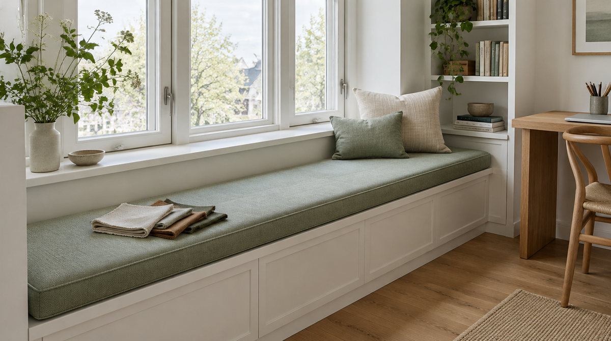 Built-in window bench with a tailored sage green upholstered seat cushion and fabric samples