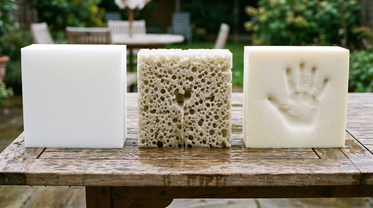 Three foam blocks on a sunlit outdoor table: dense white foam, open-cell reticulated foam and memory foam with a handprint, with water droplets