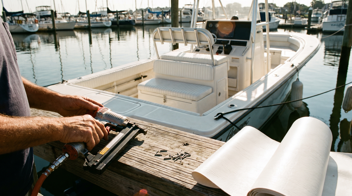 Center-console boat with new white marine vinyl seats at a sunlit marina, with a staple gun and a roll of vinyl on the dock