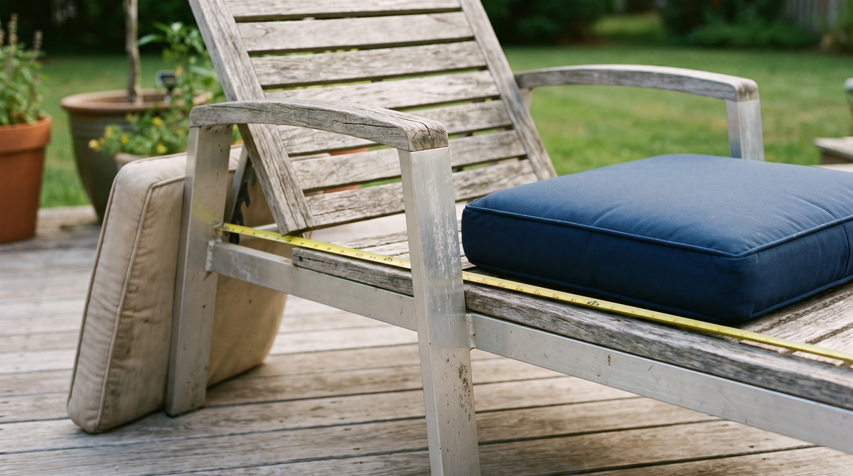 Weathered teak patio chair on a backyard deck with a faded old cushion beside a new navy outdoor cushion and a tape measure on the seat
