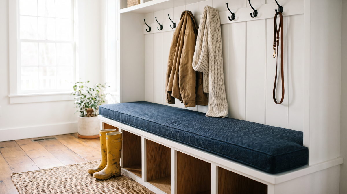 Slim custom indigo herringbone bench cushion on a white built-in mudroom bench with hooks, cubbies, rain boots and a dog leash