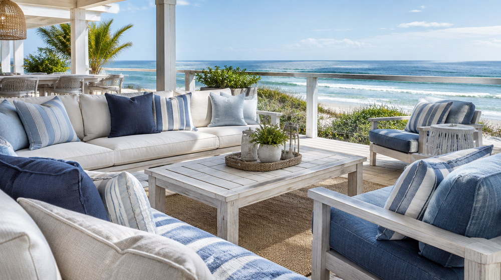 Beach resort terrace with lounge seating and cushions in layered navy, sky blue, white and sand tones overlooking the ocean