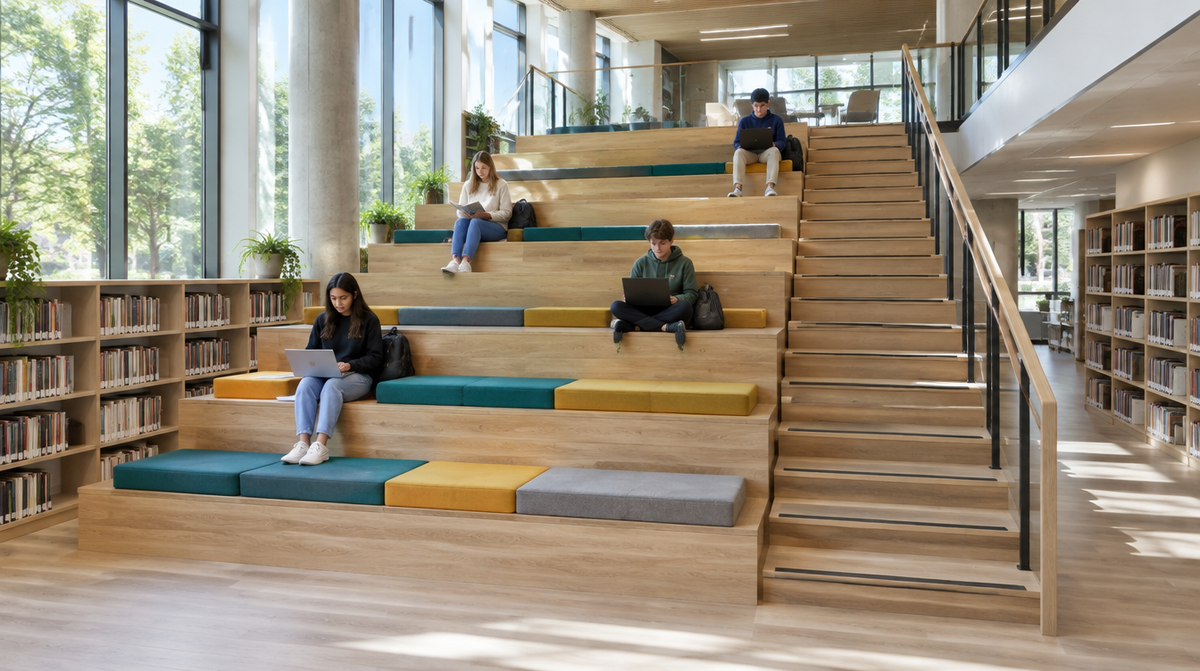 School library learning stair with oak tiers and teal, mustard and gray seat cushions beside a walking staircase