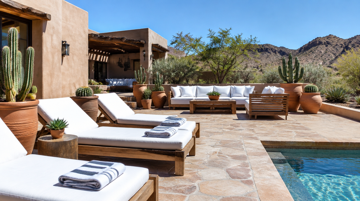 Desert boutique hotel courtyard with lounge sofas and chaises in crisp white outdoor cushions