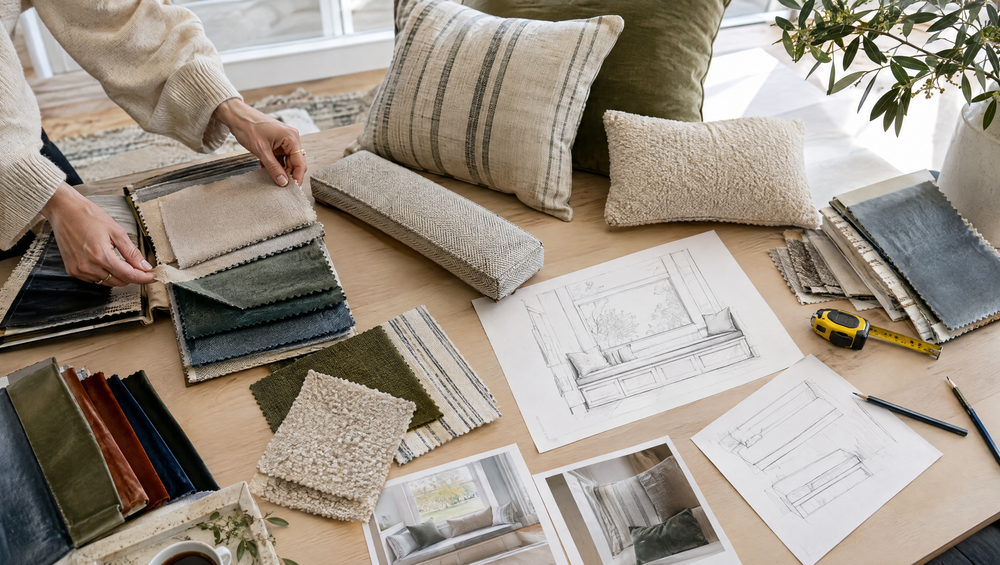 Interior designer's desk with fabric swatches and custom cushion samples
