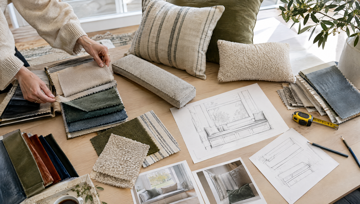 Interior designer's desk with fabric swatches and custom cushion samples