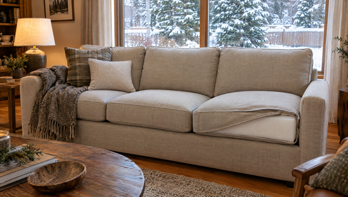 Sofa with plump new seat cushions in a cozy living room with a snowy backyard visible through the window