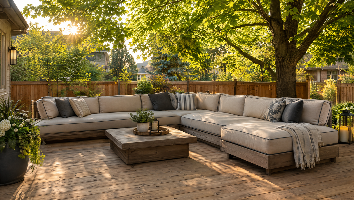 Deep seat outdoor sectional with thick sand-coloured cushions on a backyard deck under maple trees