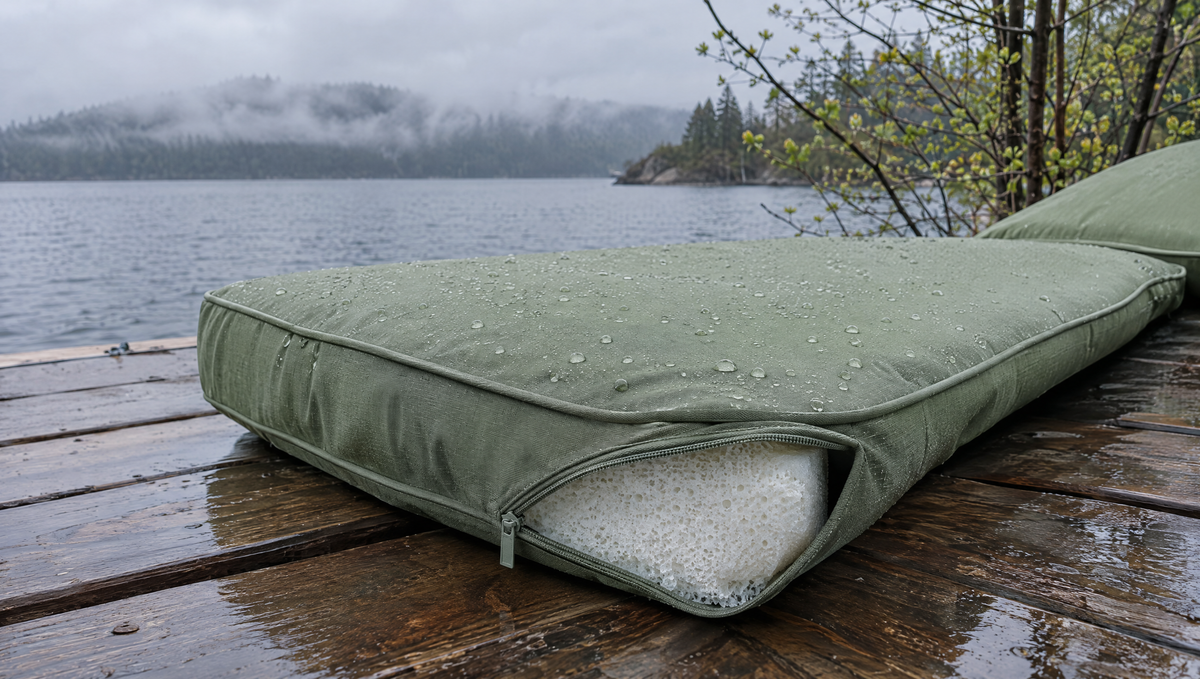 Outdoor chaise cushion on a wet lake dock with its cover unzipped to show open-cell quick-drying foam