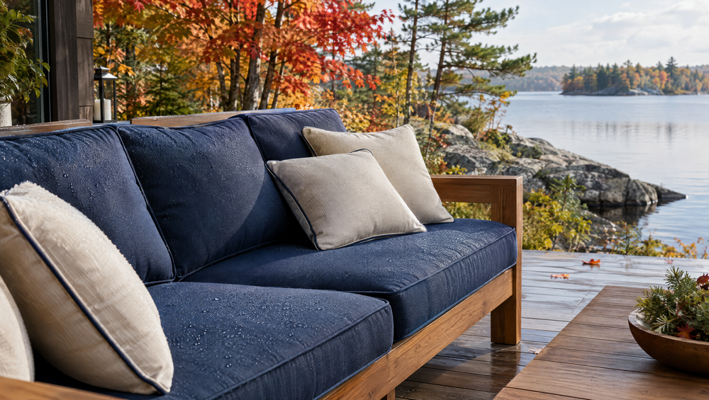 Outdoor sofa with navy and canvas Sunbrella cushions on a cottage deck with autumn maple trees and a lake behind