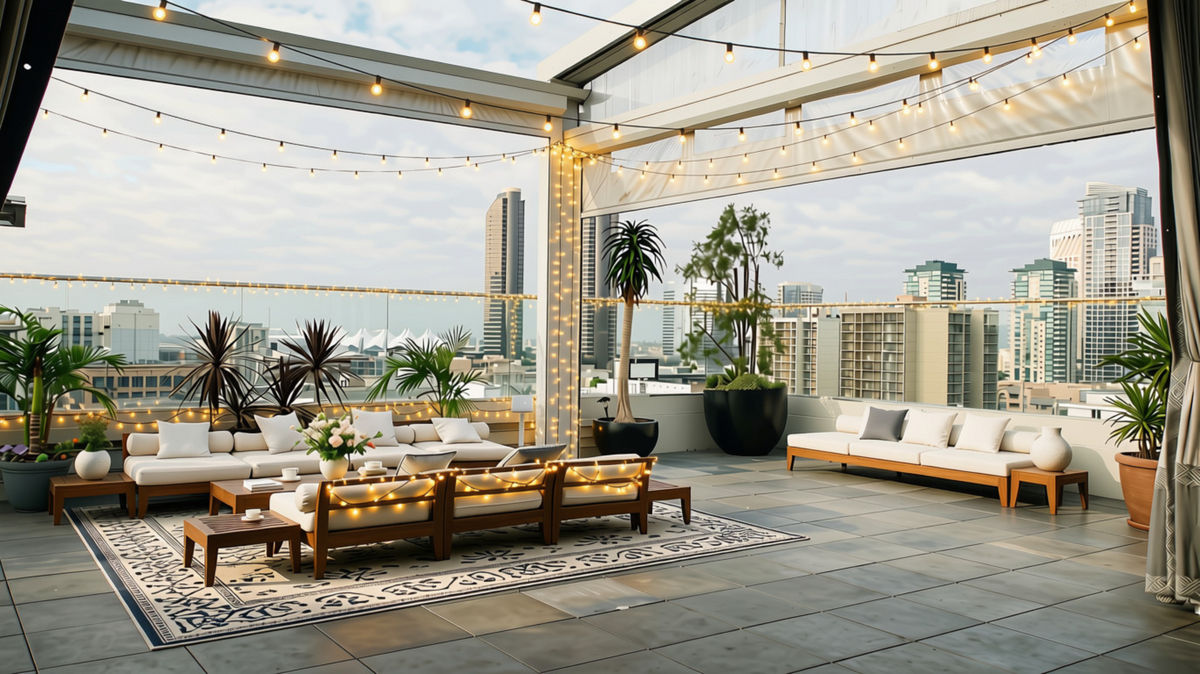 Hotel outdoor area with seasonal decor