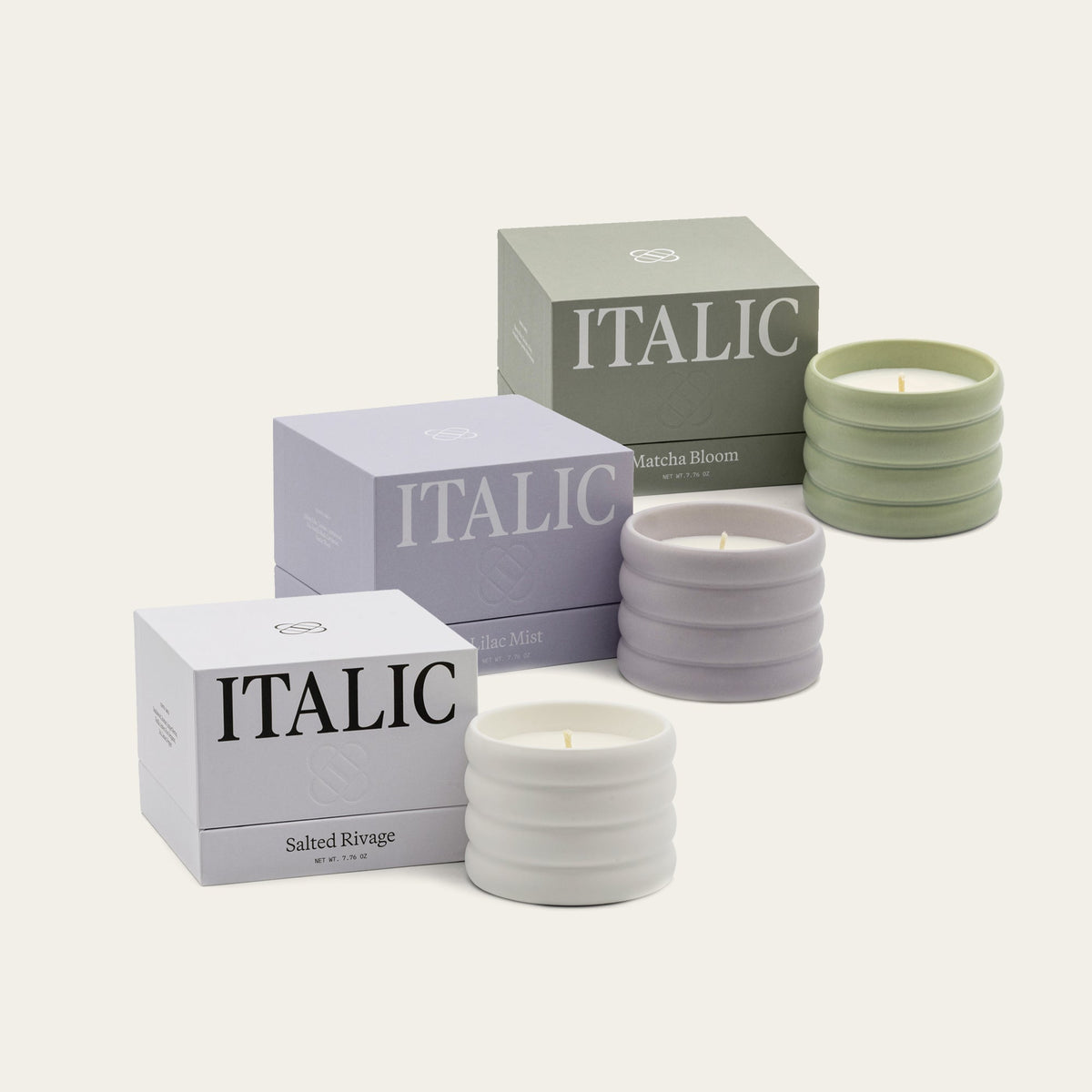 Soy Wax Ceramic Candle, 3-pack (lilac mist + matcha bloom + salted rivage)