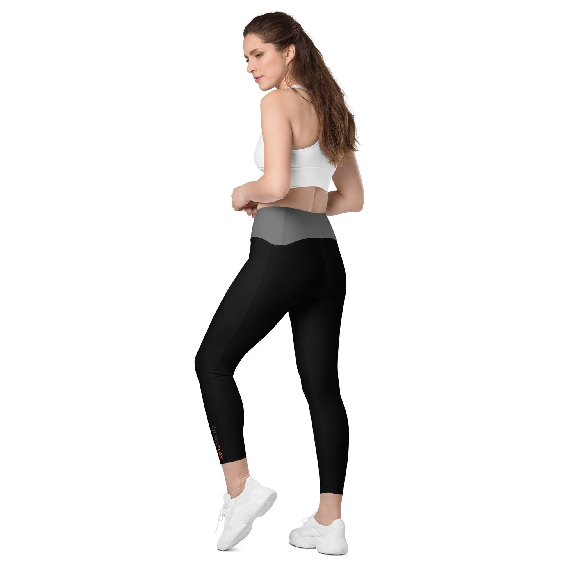 Black And Grey Crossover Leggings with Convenient Pockets