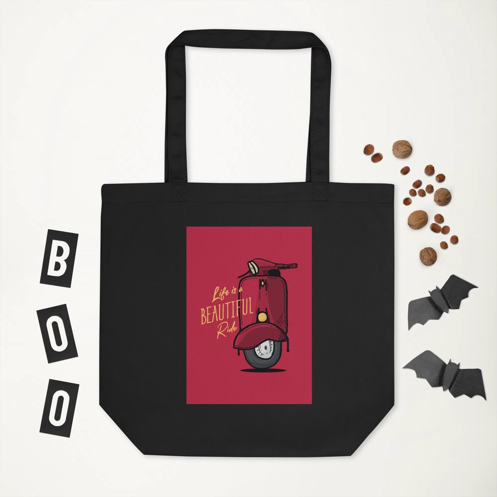 'Life is a Beautiful Ride' Black Organic Cotton Tote Bag
