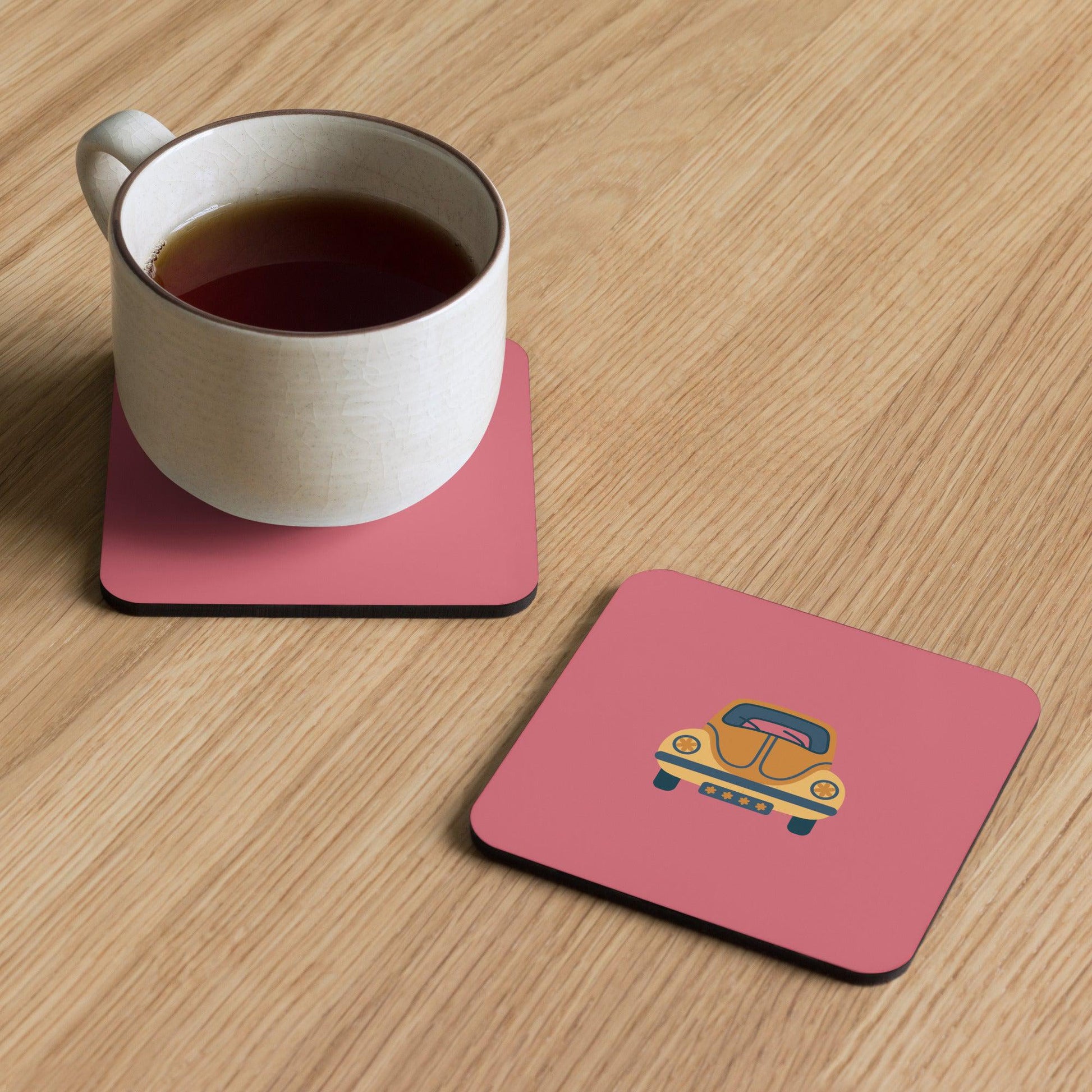 Drive in Style: Protect Your Surfaces with Our Cork-Back Coasters Featuring Cool Car Prints