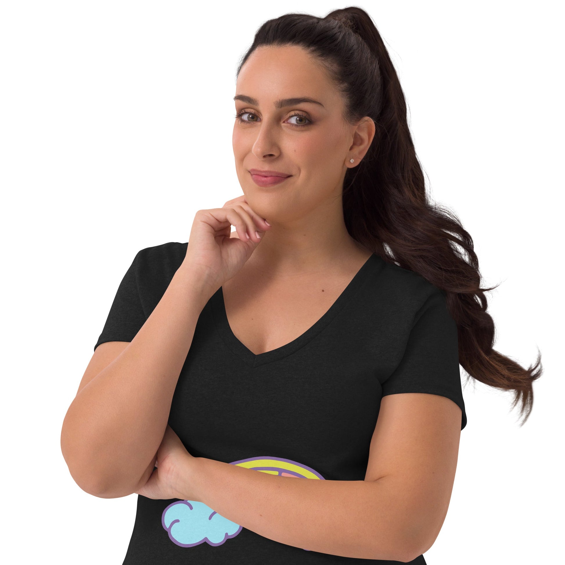 Eco-Friendly Women's Clothing: Radiant Rainbow Print Recycled V-Neck T-Shirt – Brighten Your Wardrobe Sustainably
