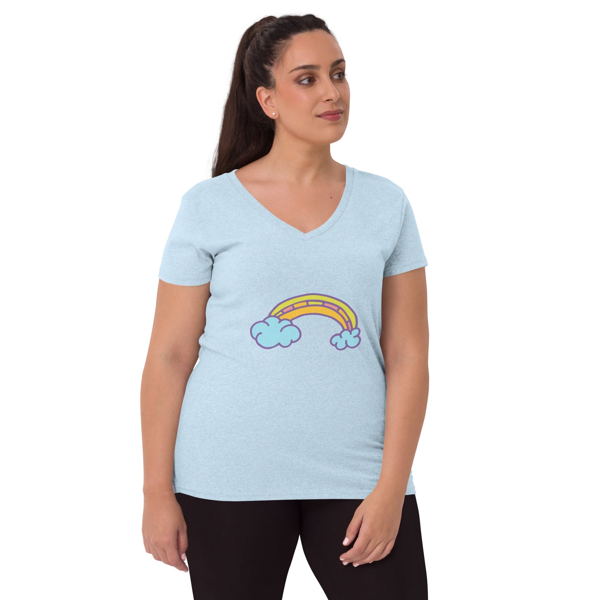 Eco-Friendly Women's Clothing: Radiant Rainbow Print Recycled V-Neck T-Shirt – Brighten Your Wardrobe Sustainably